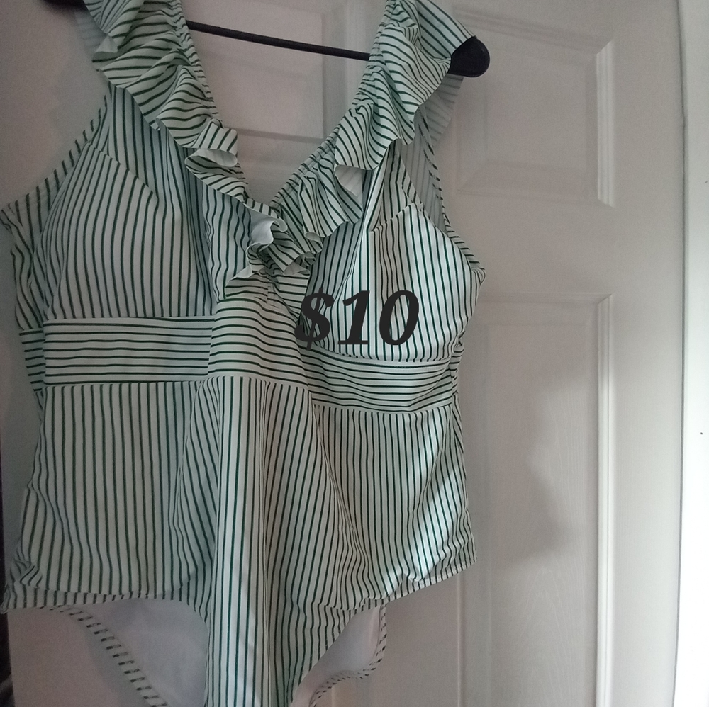 One piece green stripe Ruffle bathing suit
